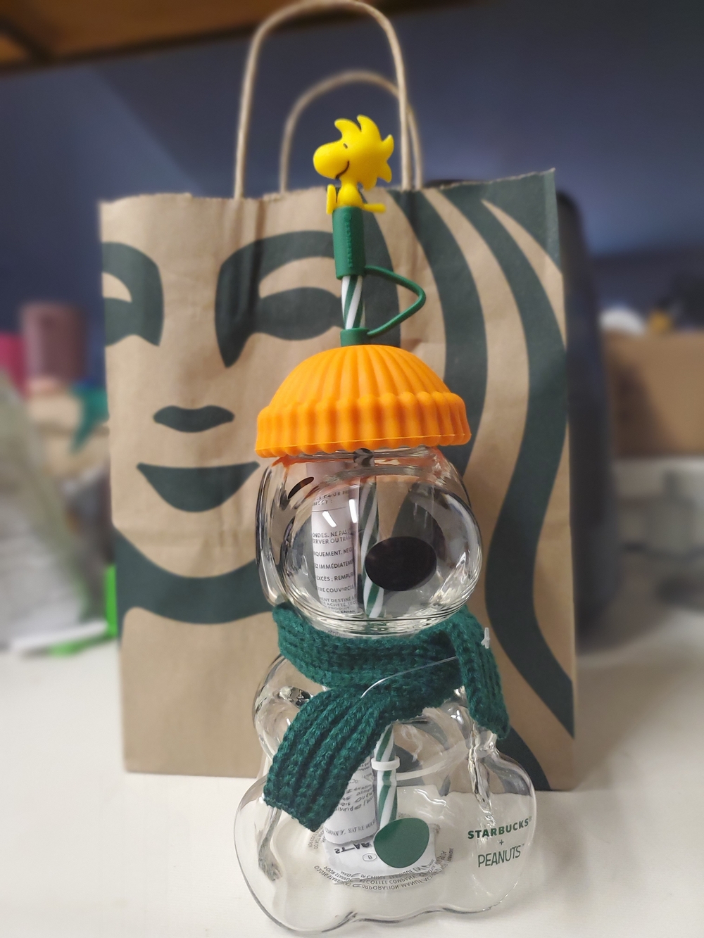 Limited Edition Starbucks Peanuts Snoopy Glass Cup 2026 Orange Hat, Green Scarf